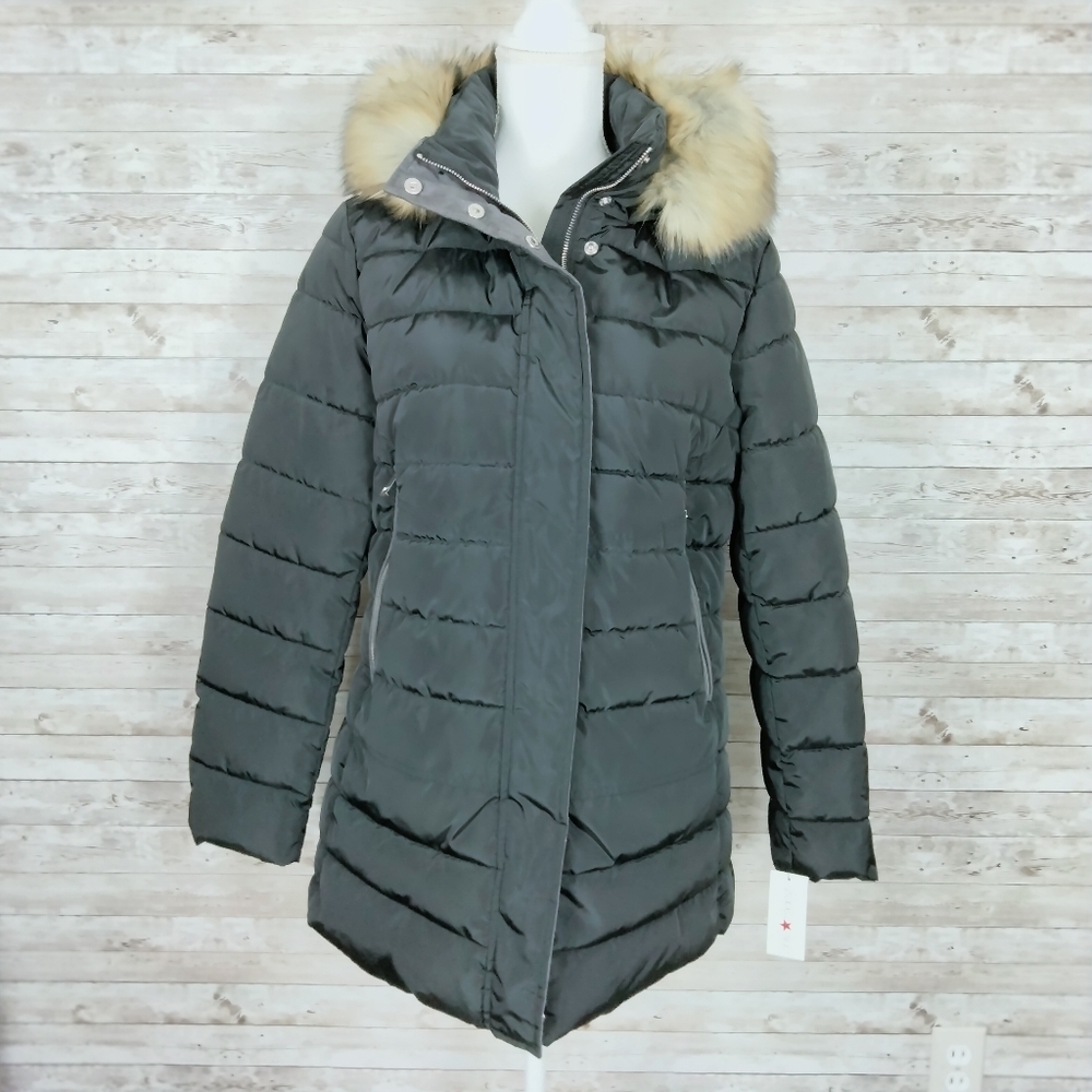 INC Puffer Coat L Faux Fur Trim Black O - Picture 2 of 7